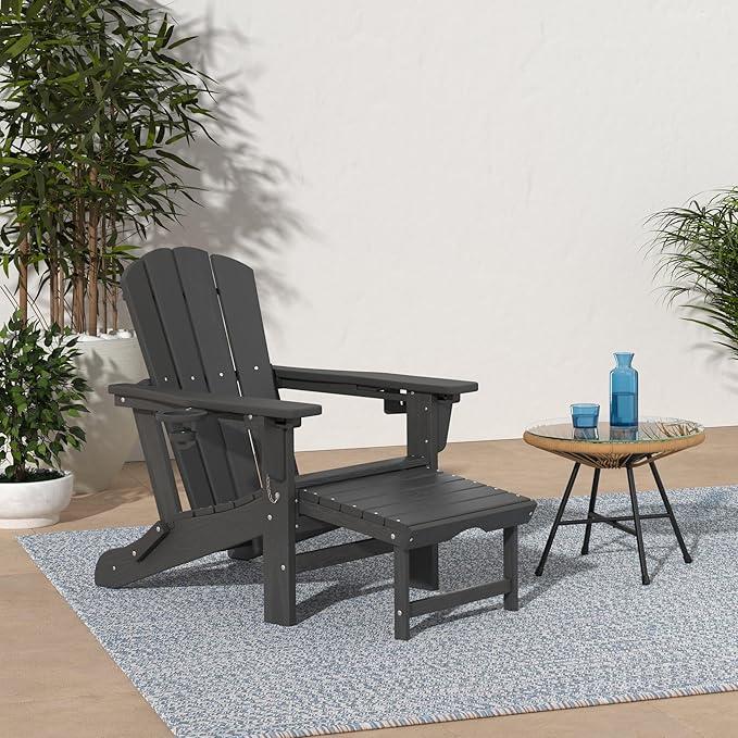KINGYES Folding Adjustable Adirondack Chair with Retractable Ottoman Set of 2, HDPE Oversized Outdoor Chair with Cup Holder, Wood-Like Reclining Versatile Adirondack Chair, Black