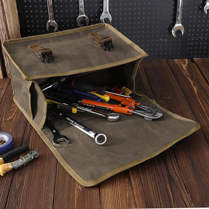 Canvas Tool Storage Bag - Portable Garden Tool Carrying Case with 3 Pockets + 2 Release Buckles, Multi-Purpose 16OZ Waxed Canvas Tool Tote Bag | 11.5"L x 6"W x 7.5"H | Grey