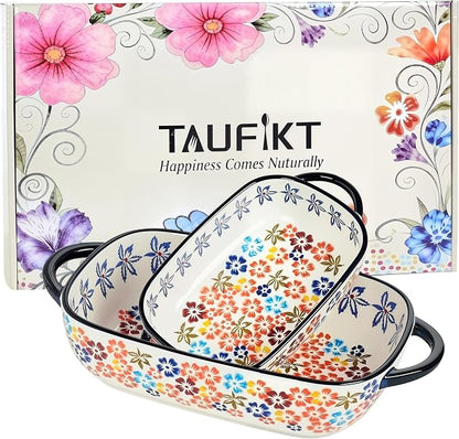 Ceramic Casserole Dishes for Oven, Hand-painted Polish Pottery Baking Dish Set of 2, 0.8QT / 2QT Porcelain Casserole Dish with Handles, Baking Pan Lasagna Pan, Gift for Family/Friend (Yellow)