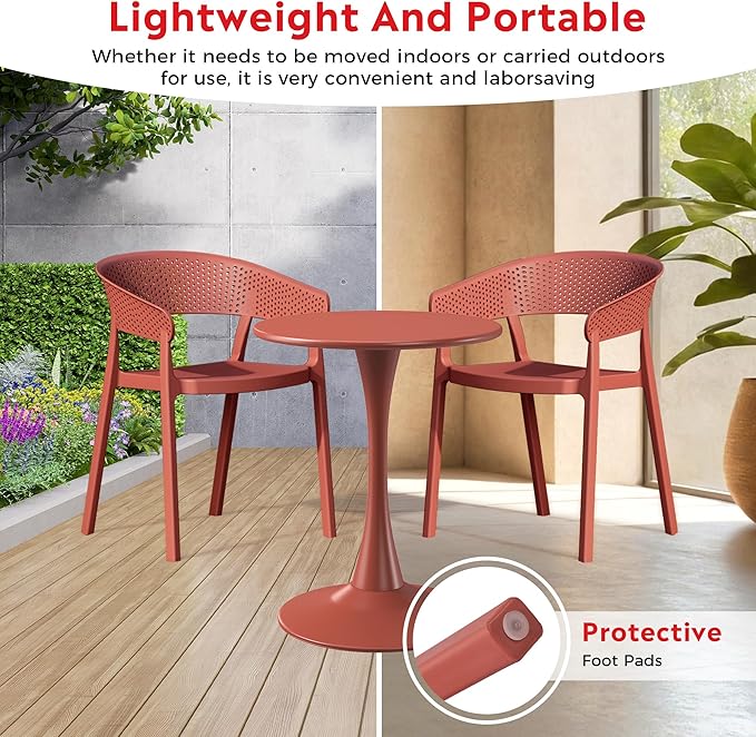 Costaelm Dining Table Set for 4, HDPE Patio Round Dining Table and Stackable Chair, Kitchen & Dining Room Sets All Weather for Backyard Porch Poolside, Red