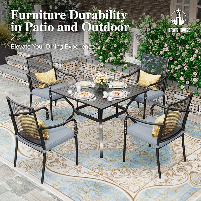 HERA'S HOUSE Outdoor Patio Chairs Set of 2, Garden Lawn Backyard Metal Dining Chairs with Arms and Seat Cushions