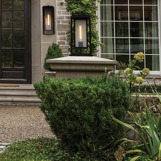 Hinkley Republic Medium Pier Mount Outdoor Lantern 12V - Coastal Elements, Estate Series, 1-Light, Clear Seedy Glass, Composite Material, LV Bulb Included - Black Finish