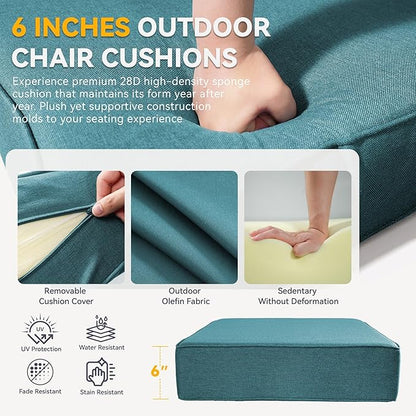 Outdoor Cushion Set for Furniture Patio Furniture, UV Resistant, Water Resistant - 6 Inch Thick Foam Garden Cushions– 24x24 Inch Patio Seat Covers for Chair/Sofa/Couch | Peacock Green | 7-Pack |