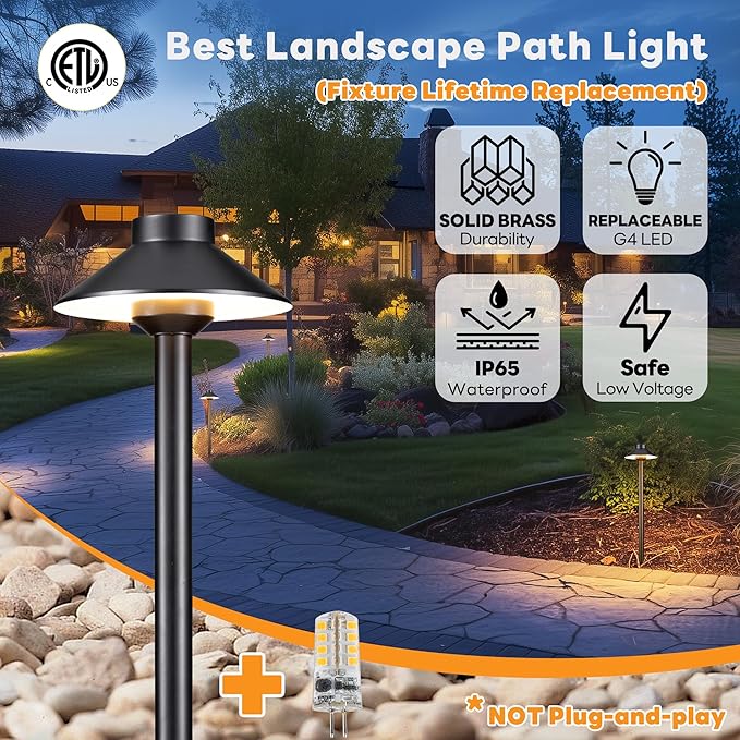 Gardenreet Low Voltage Landscape Lighting Brass, 12v Pathway Lights Waterproof, Hard Wired Path Light Outdoor, Black for Exterior Area Patio House with 3W 270LM 4000K Neutral White G4 Bulb (12 Pack)