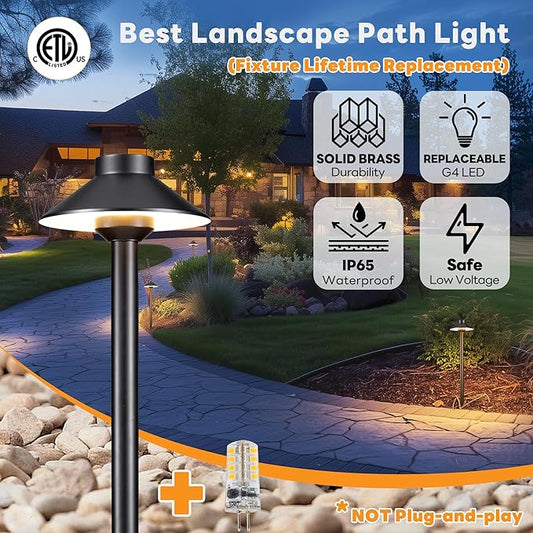 Gardenreet Low Voltage Landscape Lighting Brass - 12v LED Pathway Lights Waterproof, Hardwired Path Light Outdoor, Black for Exterior Patio Garden with 3W 2700K Warm White G4 Bulb (4 Pack)