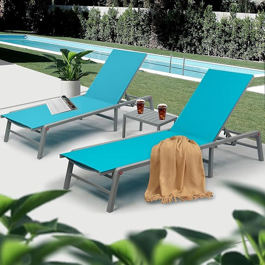 Kozyard 3 Packs Lounge Chair Outdoor Set Foldable Outdoor Lounge Chair with 5 Adjustable Backrest, Patio Lounger, Recliner and Full Flat Chairs for Patio, Beach, Pool (2 Aqua Textilence W/Table)