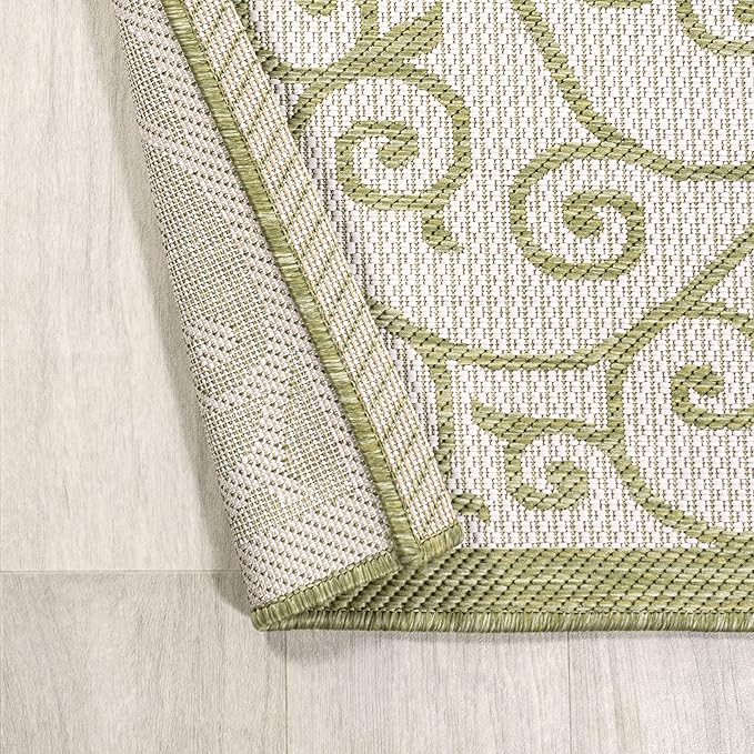 JONATHAN Y Vintage Filigree Indoor Outdoor Runner Rug 2X8 Green/Cream, Madrid Textured Weave for Backyard, Patio, Porch, Easy-Cleaning, High Traffic, Pet-Friendly, Non-Shedding (SMB107H-28)