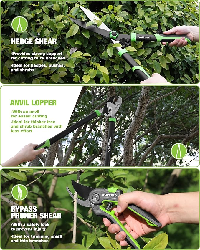 WORKPRO 3-Piece Garden Shears Set - 20” Hedge Shear, 24” Anvil Lopper & 8” Pruning Shear, Heavy-Duty Gardening Clippers with Sharp Blade, Comfort Grip Handle for for Branches, Shrubs, and Hedges