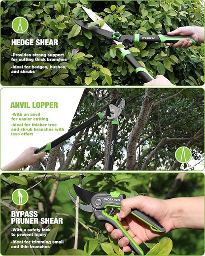 WORKPRO 3-Piece Garden Shears Set - 20” Hedge Shear, 24” Anvil Lopper & 8” Pruning Shear, Heavy-Duty Gardening Clippers with Sharp Blade, Comfort Grip Handle for for Branches, Shrubs, and Hedges