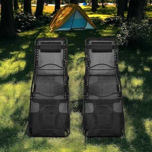 Unovivy Tanning Chairs with Face Hole Set of 2, Teslin Folding Outdoor Lounge Chair with 5-Position Reclining Back for Sunbathing, Pool, Patio, Camping