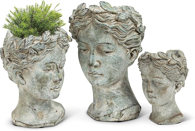 Abbott Collection Goddess Head Planter – Extra Small Cement Indoor and Outdoor Planter Pot – Grecian Woman Statue Head Planter for Flowers and Succulents (Grey, 6.5" Tall, 2.75" Opening)