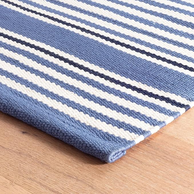 Dash & Albert Rugby Stripe Denim Handwoven Indoor/Outdoor Rug, 2.5 X 12 Feet, Blue Stripe Pattern
