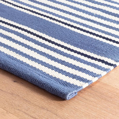 Dash & Albert Rugby Stripe Denim Handwoven Indoor/Outdoor Rug, 2.5 X 12 Feet, Blue Stripe Pattern
