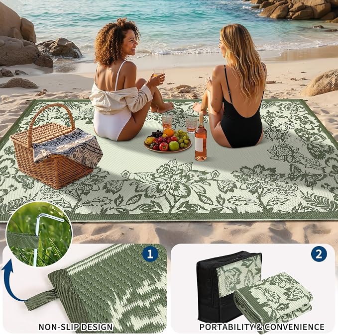 Garvee Outdoor Rugs 9' x 18’ Waterproof Reversible Mats, Large Area Plastic Straw Rug, Outside Carpet, Butterfly Floral Rv Mat for Patio Camping Picnic Backyard Deck Balcony Porch Beach Trailer