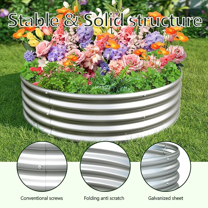 2PCS 4x4x1ft Galvanized Raised Garden Bed Kit,Round Garden Bed Outdoor Planter Box for Vegetables,Flowers,Herbs,Easy Assembly,Silver