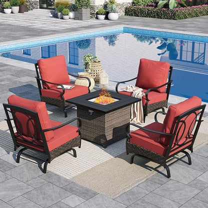 Sophia & William Patio Furniture Set with Fire Pit Table, 5 PCS Metal Outdoor Conversation Set Sofa Couch with Fire Pit Table, 4 Sofa Chairs for Outdoor Seating,Backyard,Porch(Red)