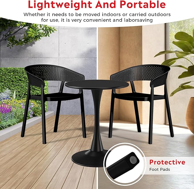 Costaelm Dining Table Set for 4, HDPE Patio Round Dining Table and Stackable Chair, Kitchen & Dining Room Sets All Weather for Backyard Porch Poolside, Black
