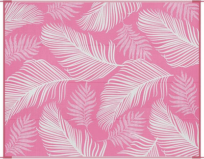 Pauwer Waterproof Outdoor Rug 8x10, Reversible Plastic Straw Patio Camping Rug, Indoor Outdoor RV Mat Carpet for Deck, Camper, Porch, Balcony, Backyard, Picnic, Leaf Pink