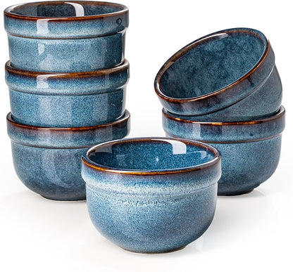 Henten Home 6 oz Ramekins Set Oven Safe, Ceramic Creme Brulee Ramekins Set of 6, Baking Cups for Pudding, Souffle, Ice Cream, Snack, Dipping (Blue)