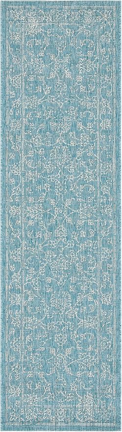 SAFAVIEH Washable Rug Outdoor Courtyard Collection - 2'3" x 8' Runner, Aqua Blue & Grey, Non-Shedding & Easy Cleaning, Ideal for Patio, Entryway, Mudroom, Hallway, Kitchen (CY8680-37121)