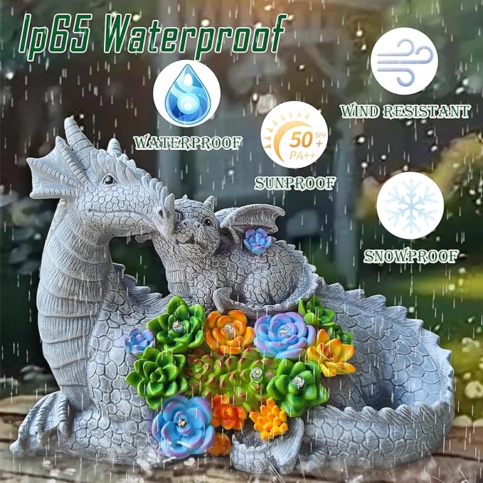 Solar Dragon Garden Statues Outdoor Decor, Resin Dragon Figurine with Succulent and 6 LED Lights Lawn Patio Balcony Art Decoration,Housewarming Birthday Gifts for Grandma Mom Women