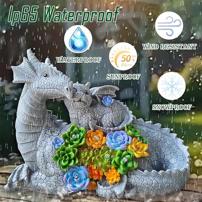Solar Dragon Garden Statues Outdoor Decor, Resin Dragon Figurine with Succulent and 6 LED Lights Lawn Patio Balcony Art Decoration,Housewarming Birthday Gifts for Grandma Mom Women