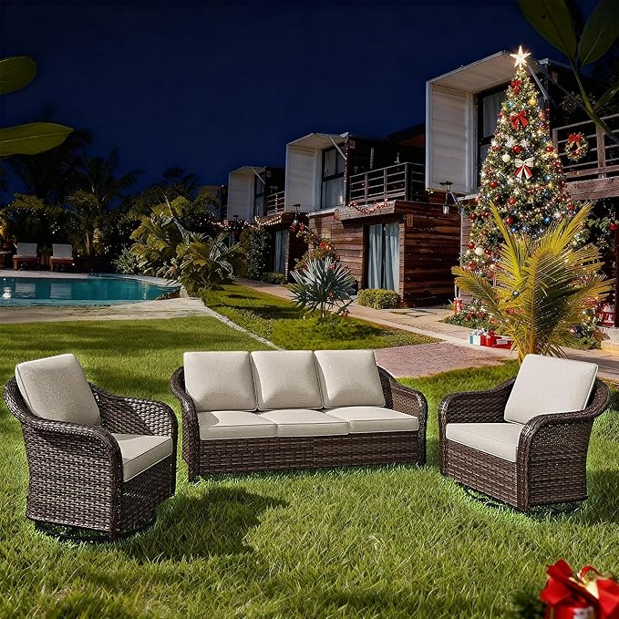 3 Pieces Outdoor Patio Conversation Set, 78" Couch, 2 Chairs, Rattan Wicker Conversation Furniture with Removable Cushions for Bistro, Deck (Beige)