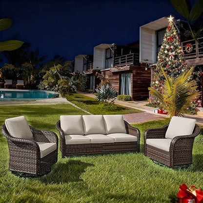 3 Pieces Outdoor Patio Conversation Set, 78" Couch, 2 Chairs, Rattan Wicker Conversation Furniture with Removable Cushions for Bistro, Deck (Beige)