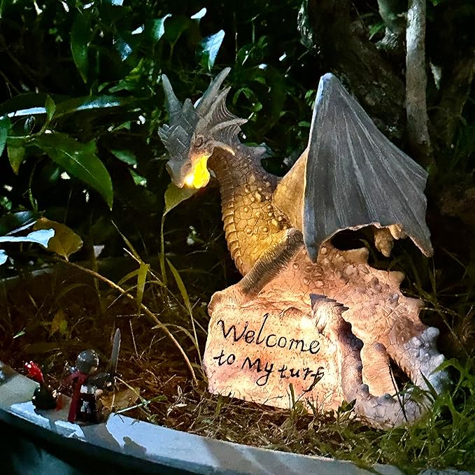 Garden Large Dragon Statue Solar Powered Outdoor Figurine Light The Dragonfire Welcome to My Turf Sign Big Resin Sculpture Home Decoration Housewarming Ornament Unique Gift