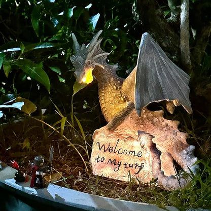 Garden Large Dragon Statue Solar Powered Outdoor Figurine Light The Dragonfire Welcome to My Turf Sign Big Resin Sculpture Home Decoration Housewarming Ornament Unique Gift