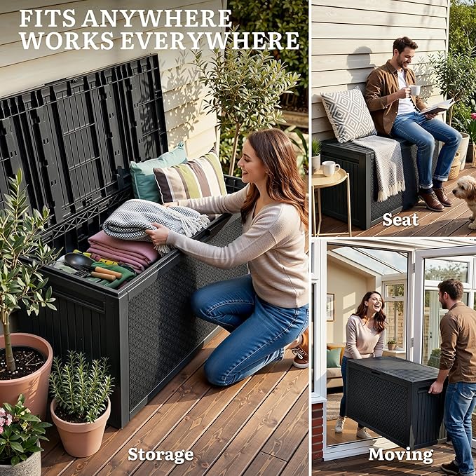 YITAHOME 95 Gallon Large Outdoor Deck Box, Lockable Waterproof Resin Storage Box with Handles, Weatherproof & UV Resistant, Patio Garden Tool Container for Outdoor Furniture, Black