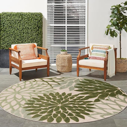 Nourison Home Aloha Indoor/Outdoor Ivory Green 7'10" x Round Area Rug, Easy-Cleaning, Non Shedding, Bed Room, Living Room, Dining Room, Backyard, Patio, Deck (8 Round)