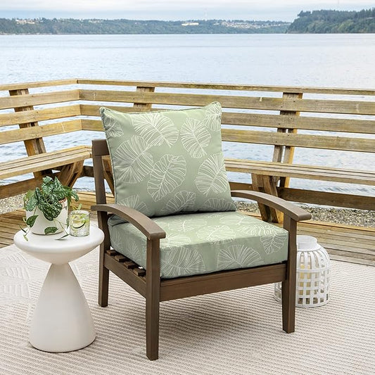 Arden Outdoor Deep Seat Cushion Set, 24 in x 24 in, Weather-Proof, Rain-Proof, Fade Resistant Patio Cushion for Chair, Sofa, and Couch Coastal Green Leaf