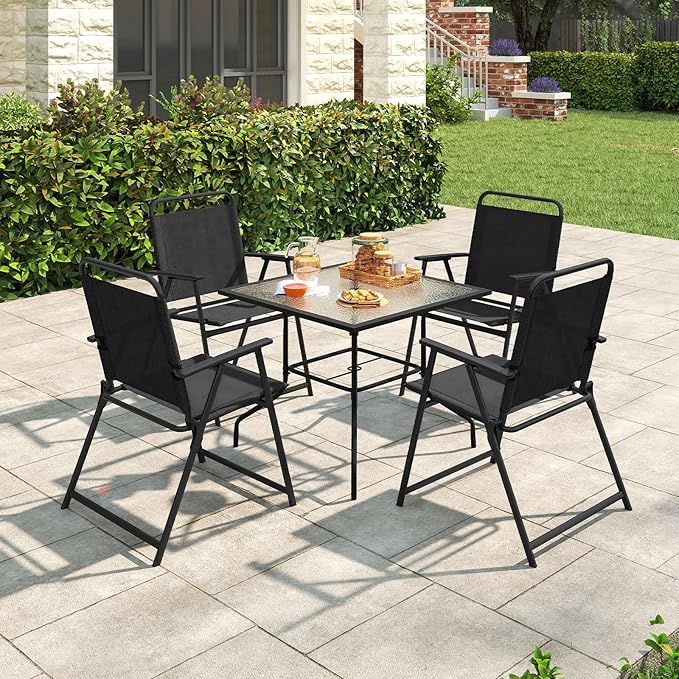 Tangkula Outdoor Folding Chairs Set of 2, Patio Dining Chairs with Breathable Fabric Seat & Cozy Armrests, Heavy-Duty Metal Frame, Portable Lawn Chairs for Backyard, Porch, Camping (2, Black)