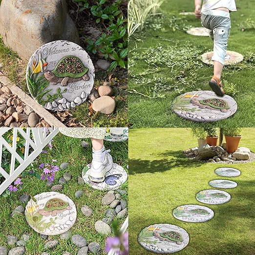 Outdoor Garden Decor Stepping Stones - Resin Tortoise Decorative Stones Pavers for Garden Decor for Outside Walkway Yard 9.5 * 9.5 * 0.5 Inch