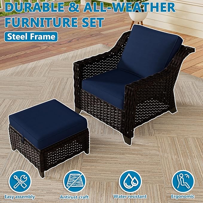 VistaVibe 4 Pieces Outdoor Patio Conversation Furniture Set - 2 Luxurious Armchairs | 2 Wicker Ottomans, Removable Cushions, Hand-Woven PE Rattan, Office, Porch (Brown/Navy)