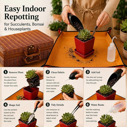 Bonsai & Indoor Plant Tool Set for Beginners, Plant Repotting Kit with Gardening Tools, Repotting Mat, Wicker Basket, Mini Pots & Indoor Gardening Gift for Women & Men