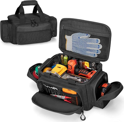Small Tool Bag with Anti-friction Bottom, Tactical 12" Tool Tote for Men, Hand Tool Storage Organizer for Electrician, Repairman and Carpenters, Black