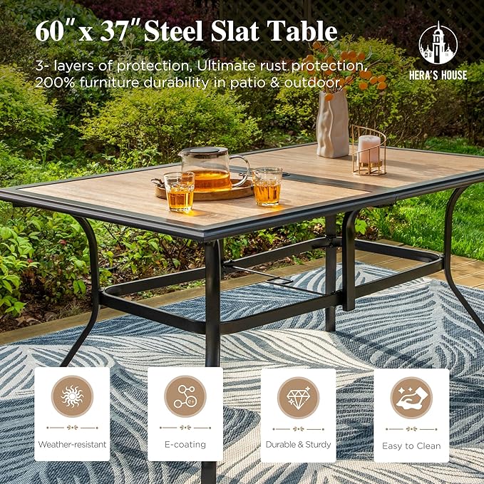 HERA'S HOUSE Patio Table and Chairs Set, 60" Rectangular Outdoor PVC Table with Umbrella Hole, 7 Pieces Outdoor Dining Furniture Sets with 6 Patio Chairs for Backyard Lawn Garden Porch(Blue)
