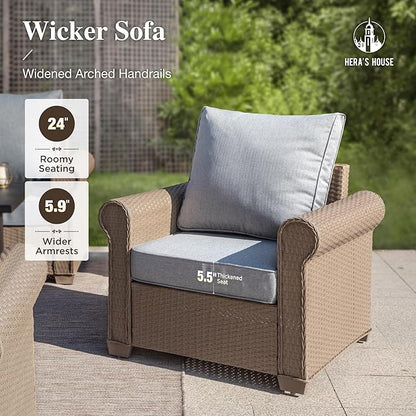 HERA'S HOUSE 4 Pieces Patio Furniture Set, All Weather 5 Seats Outdoor Wicker Sofa with 44" Coffee Table, 5.5" Thick Waterproof Cushion Conversation Couch Set for Garden Deck Backyard, Grey