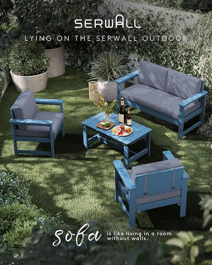 SERWALL 5 Pieces HDPE Outdoor Sofa Set with Cushions, All Weather Couch Conversation Set, Loveseat Social Furniture Chairs with Coffee Table, Blue Frame with Grey Cushions