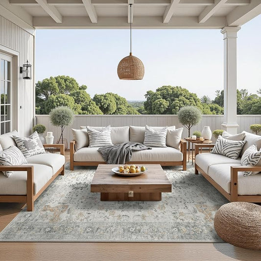 GENIMO Outdoor & Indoor Area Rug 6'x9', Waterproof, Non-Shedding, Easy Cleaning, Abstract Front Door Mat for Patio, Entryway, Porch, Living Room, Bedroom, Bathroom, Outside Carpet, Light Grey
