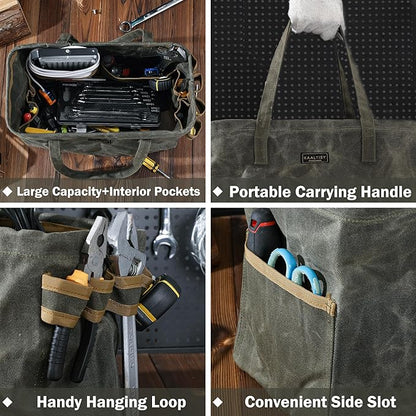 Canvas Tool Tote Bag | 16OZ Waxed Canvas Tool Carrying Bag - with 8 Pockets & Top Metal Support Rods, Rectangular Top Open Tool Tote Bag for Chisels Wrench Hammer Level | Army Green