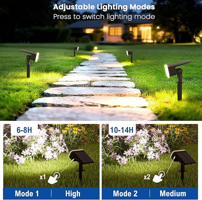 Solar Lights Outdoor Waterproof IP65, Super Bright LED,Cool Light 2 Lighting Modes Selectable, Solar Powered Yard Garden Solar Spot Lights for Outside Landscape Auto On/Off -8 Pack