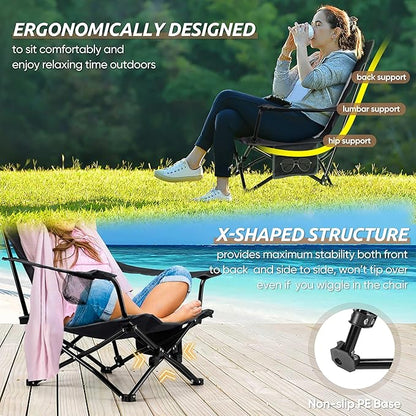 HaSteeL Folding Beach Chair Set of 3, Foldable Black Camping Chairs & Grey Table for Outside, Low Beach Chair Portable for Adults Fishing, Picnic, Outdoor BBQ, Cup Holder & Storage Bag