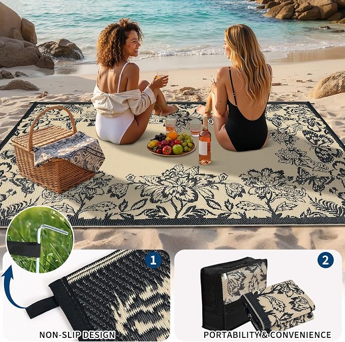 Garvee 5’x8’ Waterproof Patio Outdoor Rug, Outdoor Plastic Straw Rug for Camping, RV Mat Outside, Indoor Outdoor Carpet for Porch, Deck, Backyard, Balcony, Picnic, Black & Brown