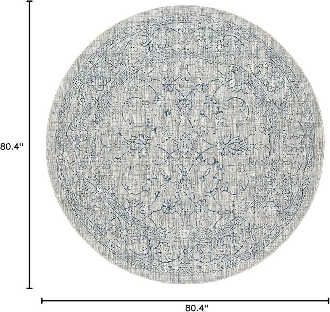 SAFAVIEH Washable Rug Outdoor Courtyard Collection - 6'7" Round, Grey & Navy, Non-Shedding & Easy Cleaning, Ideal for Patio, Backyard, Mudroom (CY8680-36812)
