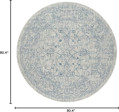 SAFAVIEH Washable Rug Outdoor Courtyard Collection - 6'7" Round, Grey & Navy, Non-Shedding & Easy Cleaning, Ideal for Patio, Backyard, Mudroom (CY8680-36812)