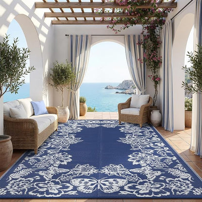 Garvee Outdoor Rugs 9' x 12’ Waterproof Reversible Mats, Large Area Plastic Straw Rug, Outside Carpet, Butterfly Floral Rv Mat for Patio Camping Picnic Backyard Deck Balcony Porch Beach Trailer
