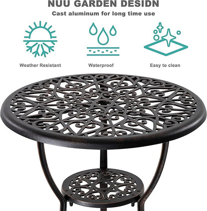 NUU GARDEN 3 Piece Outdoor Bistro Set Cast Aluminum Patio Set Bistro Table Set Rustproof Patio Table and Chairs with Umbrella Hole for Backyard, Balcony, Front Porch, Black